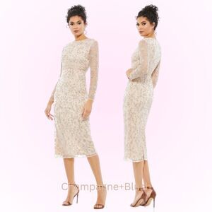 Mac Duggal | 10812 Beaded Tea Length Dress with Sheer Sleeves Size 12 NEW